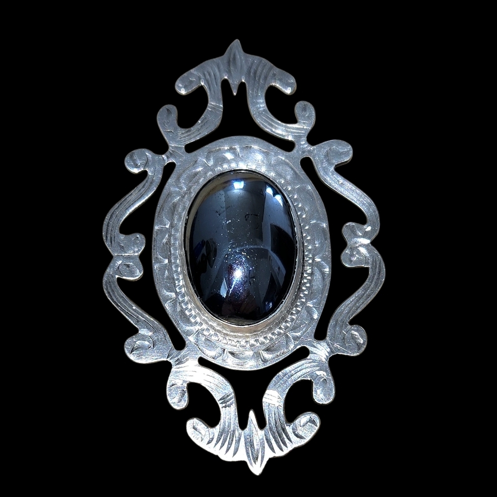 Vintage Sterling Silver Pendant/Pin Hematite Taxco Mexico 60s-70s 2.75x1.75"